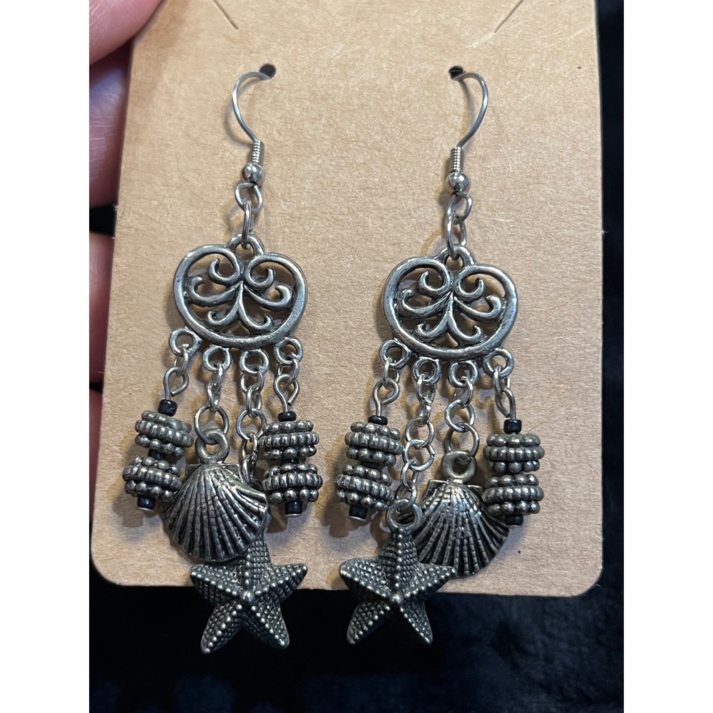 Antiqued Silver Tone Sea Shell Starfish Chandelier Dangle Earrings‎ - 3 Inch
